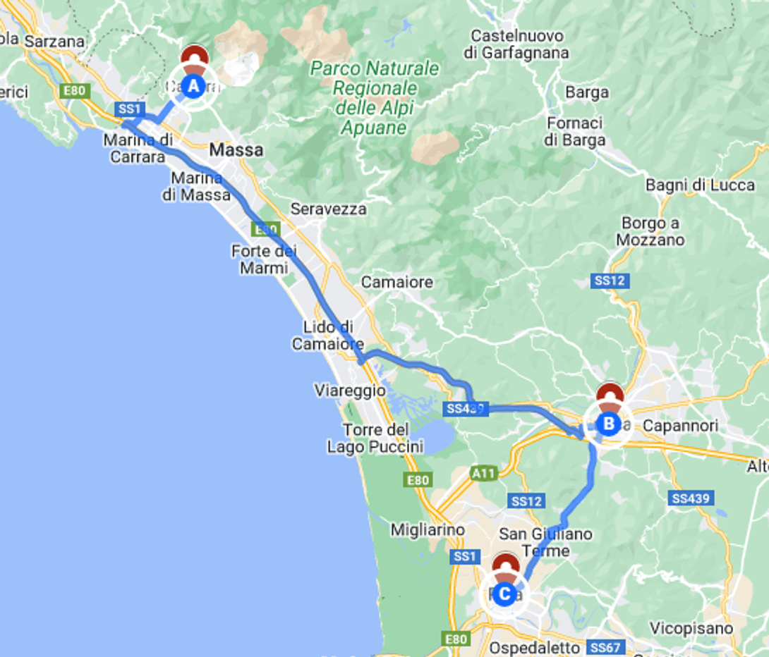 Mapa do Roteiro por Carrara, Lucca e Pisa - Itália - Toscana