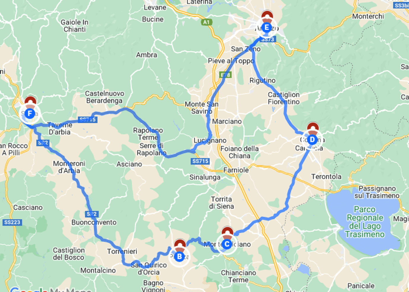 Mapa do roteiro de 5 dias por Arezzo, Siena e arredores, vivenciando locais cinematográficos famosos